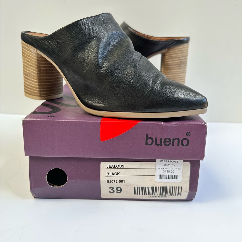 LIGHTY USED WOMENS BUENO JEALOUS MULE SHOES SZ. 8 BLACK LEATHER 3” HEEL